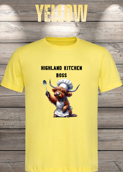 Unisex-T-Shirt „Highland Kitchen Boss“ in Yellow.