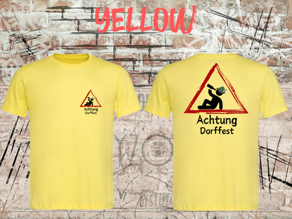 T-Shirt Achtung Dorffest! Kirwa Dorffest in Yellow, Vorder- und Rückseite.