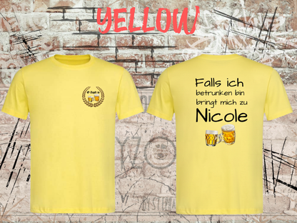 Personalisiertes Partner T-Shirt – Falls ich betrunken bin bringt mich zu (Name) in Yellow, Vorder- und Rückseite.