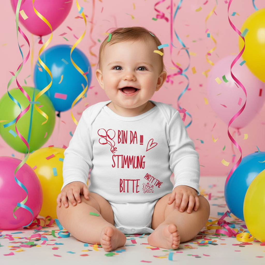 Baby Body Langarm - Bin da Stimmung bitte Party Time - Bunt mit Baby