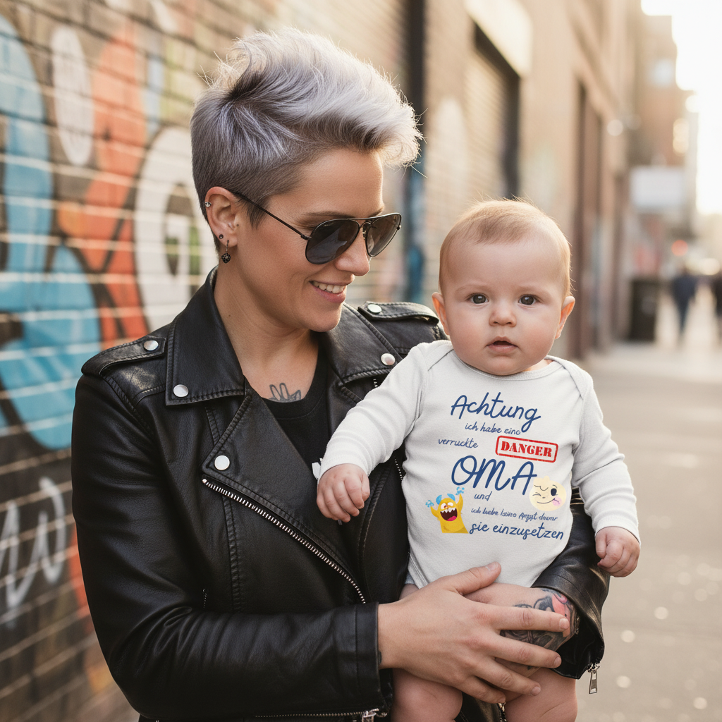Baby mit rockiger Oma im urbanen Setting