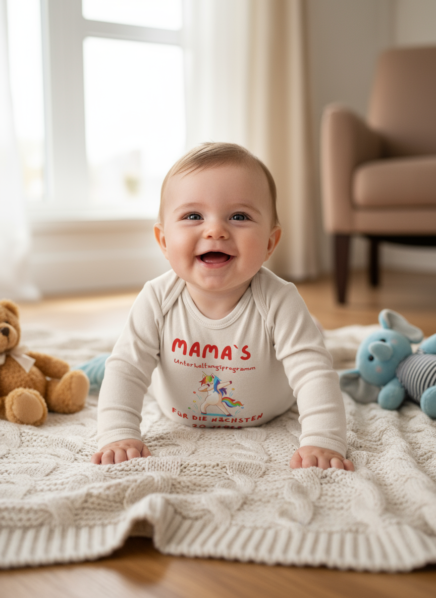 Baby trägt beigen Einhorn-Body
