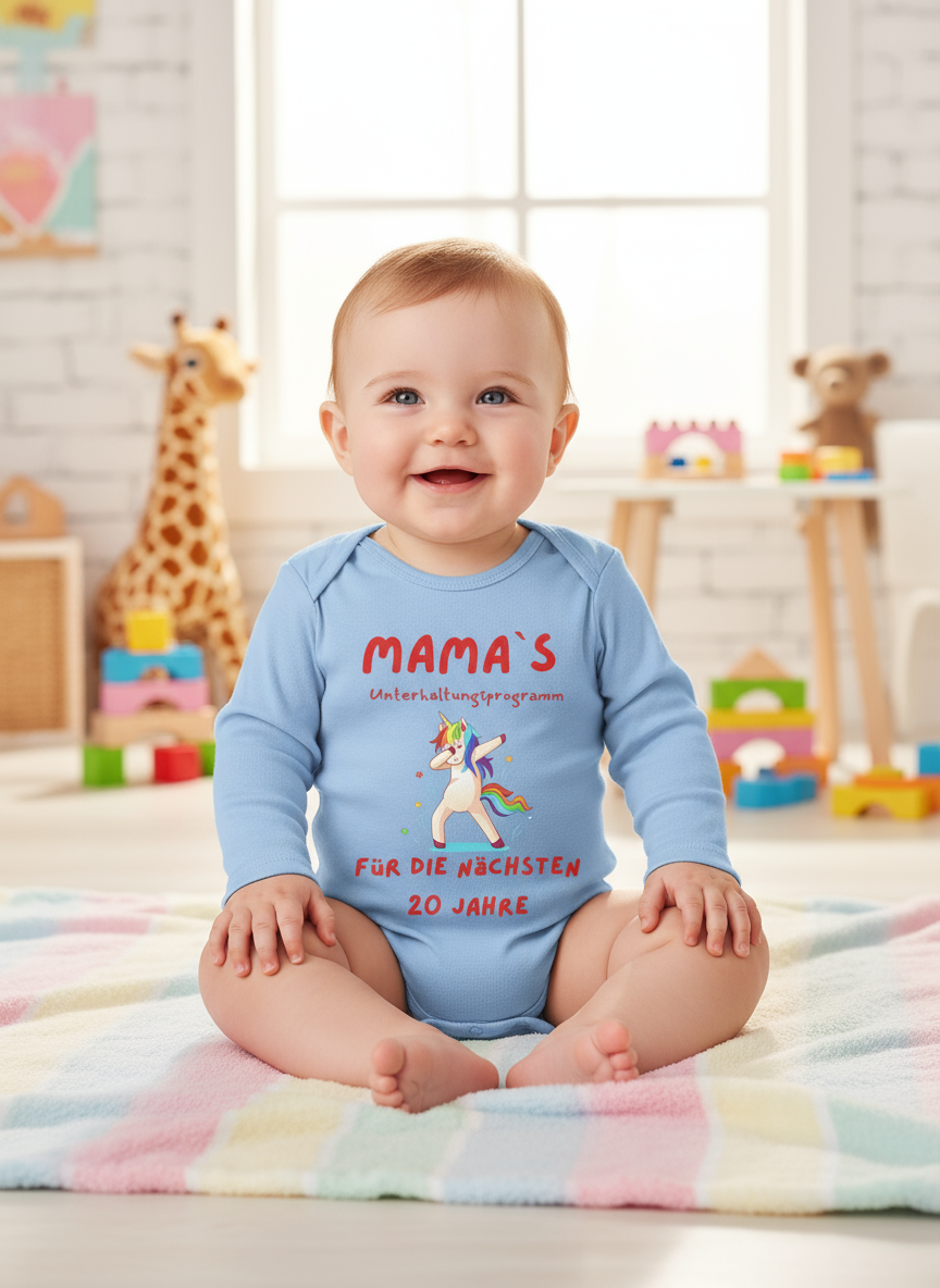 Baby trägt blauen Einhorn-Body