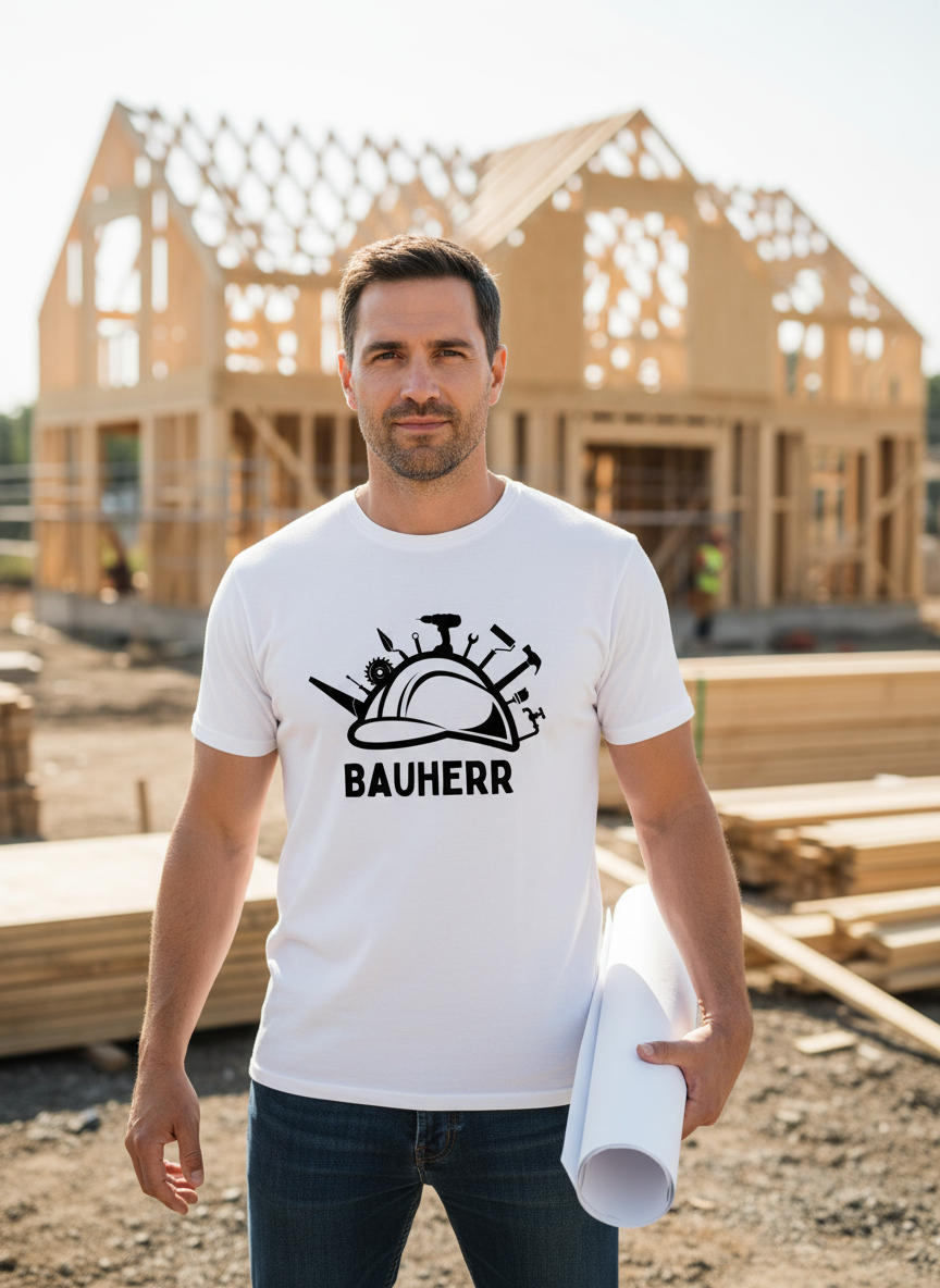 Bauherr T-Shirt Mann auf Baustelle