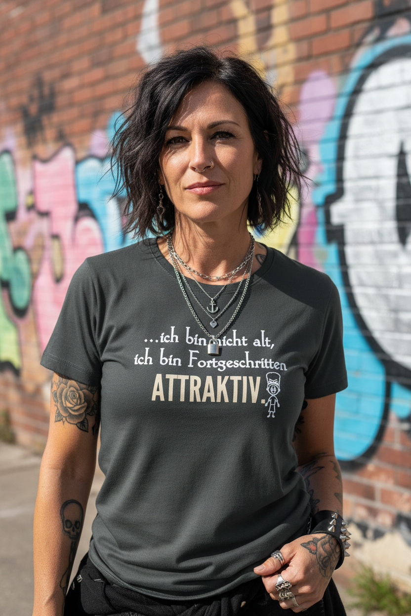 Frau im Rocker-Style mit Fortgeschritten Attraktiv T-Shirt