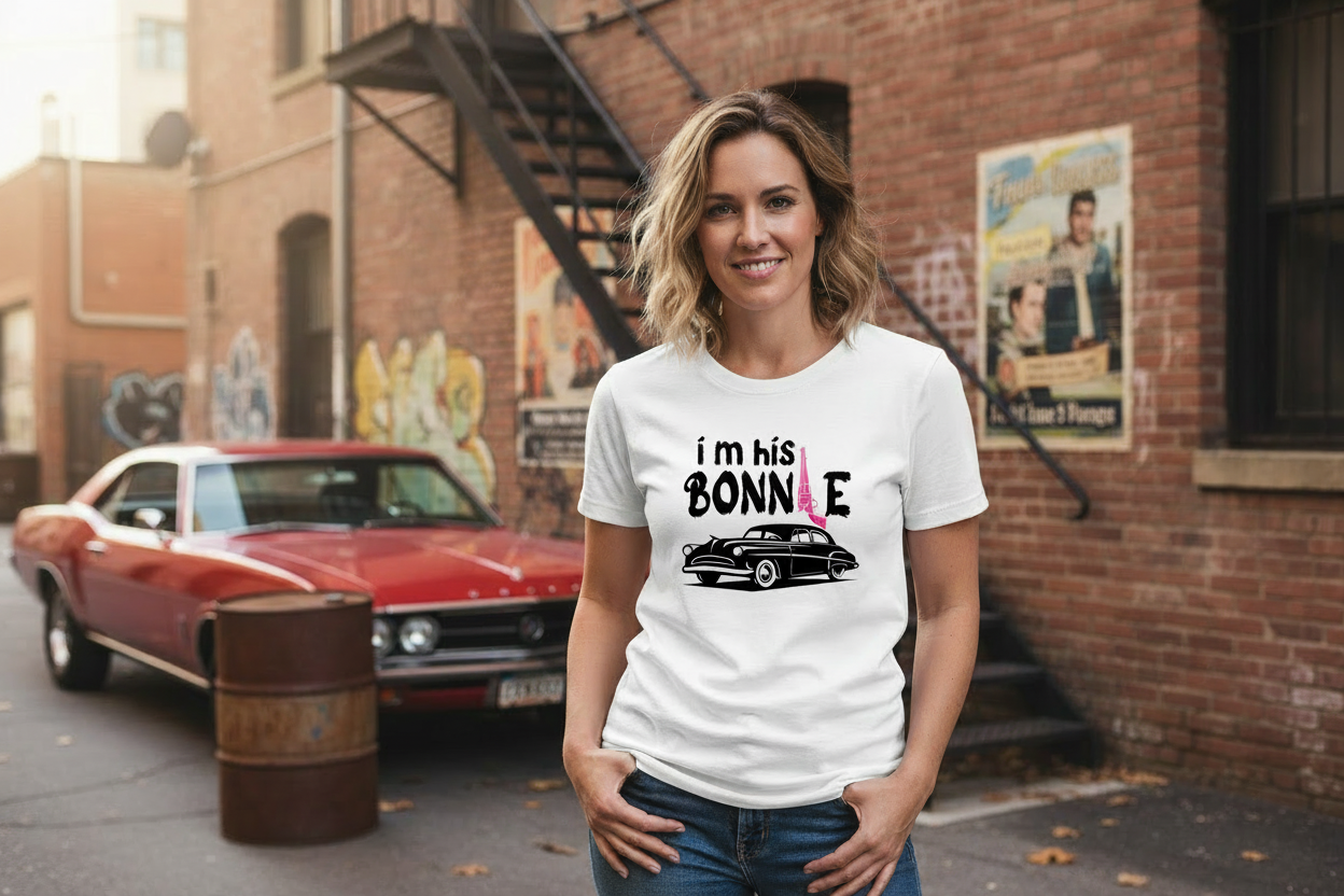 Frau mit I'm his Bonnie T-Shirt - verschwommener Hintergrund