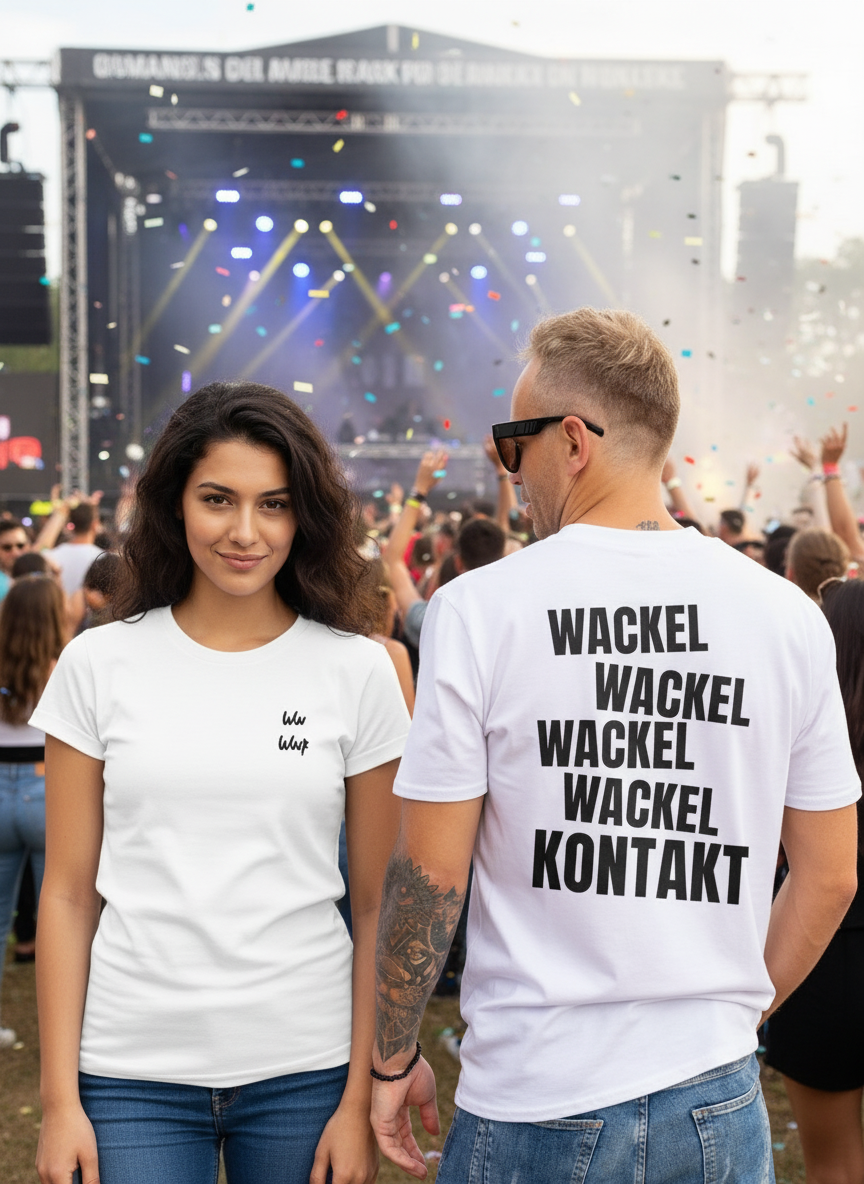 Frau und Mann in weißen Wackel Kontakt T-Shirts bei Party