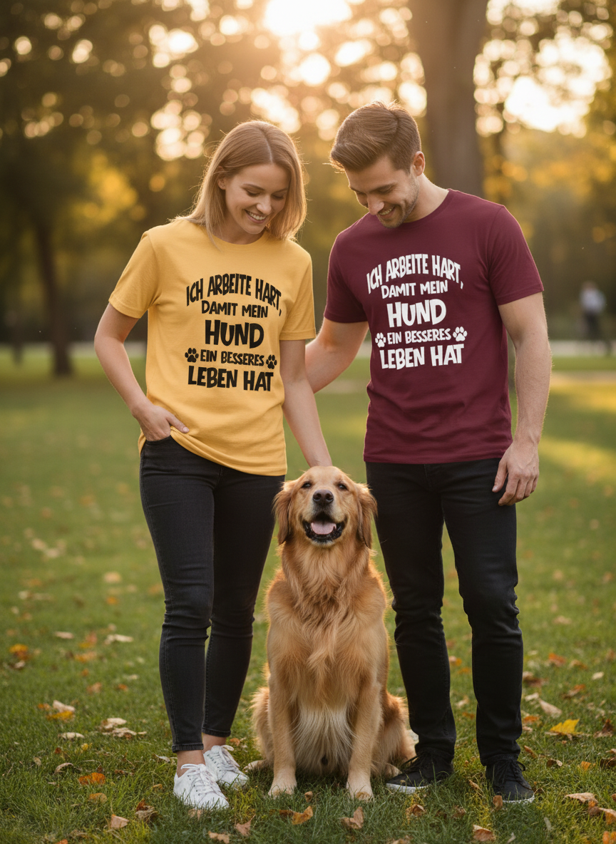 Frau und Mann mit Hunde-T-Shirts und Hund