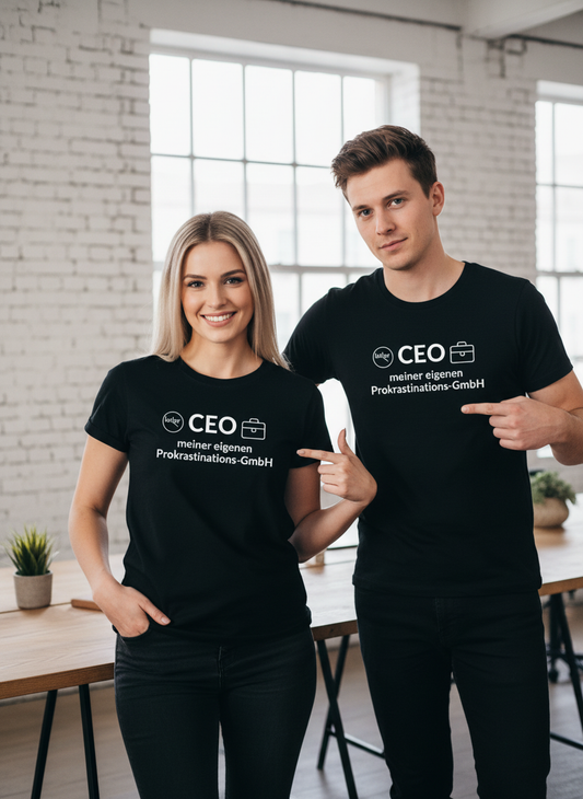 Frau und Mann mit Prokrastinations-GmbH CEO T-Shirts