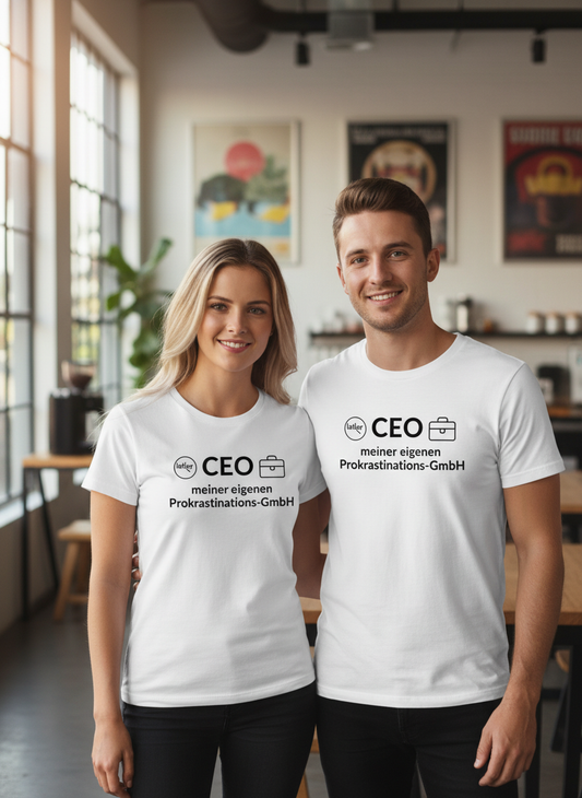 Frau und Mann zusammen mit weißen Prokrastinations-CEO T-Shirts