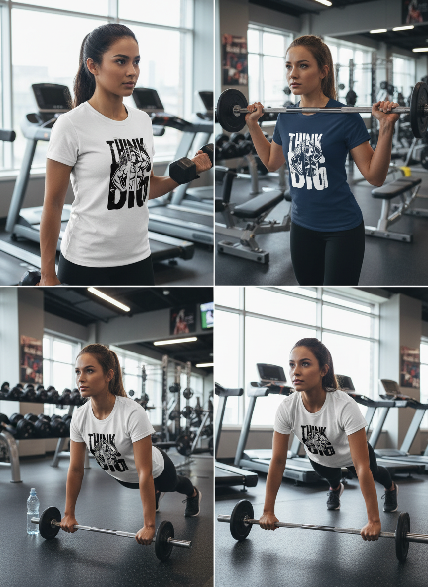 Frauen im Fitnessstudio mit I THINK BIG T-Shirt