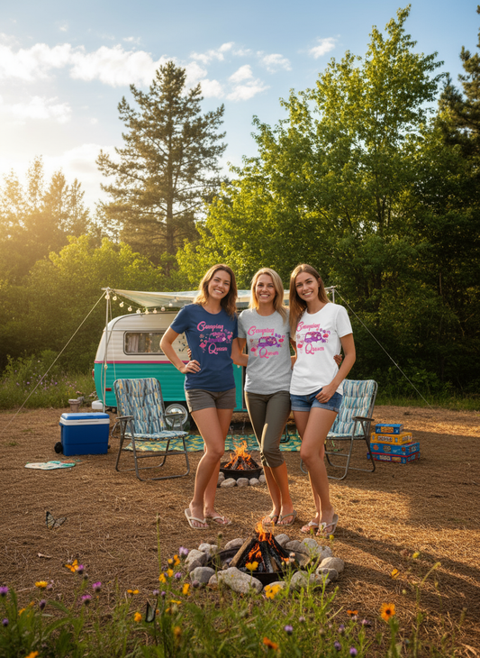 Frauen mit Camping Queen T-Shirts
