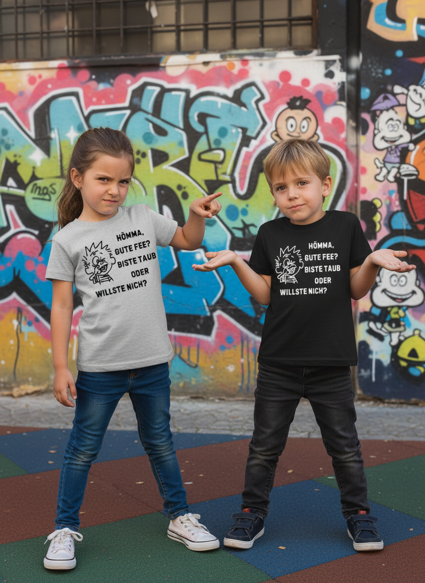 Freche Kinder in grauen und schwarzen T-Shirts