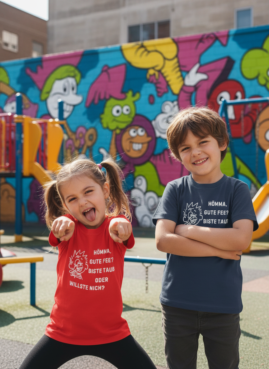 Freche Kinder in roten und blauen T-Shirts