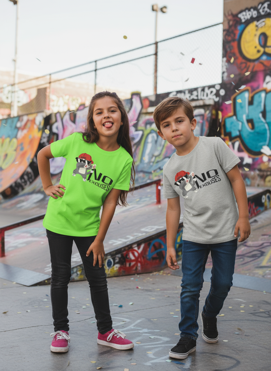 Freches Mädchen und Junge mit No Excuses T-Shirts