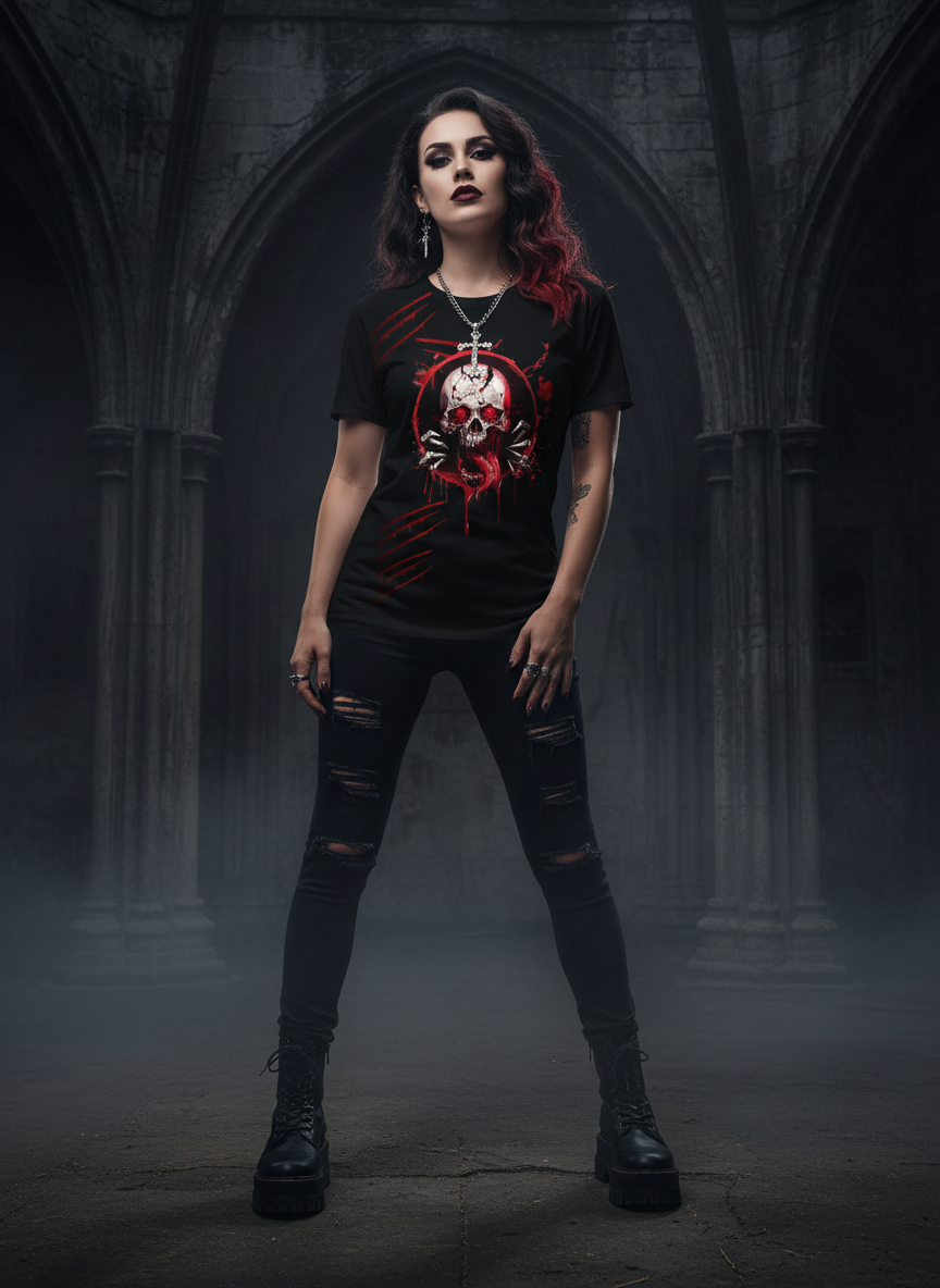 Gothic Frau mit rotem Skull T-Shirt