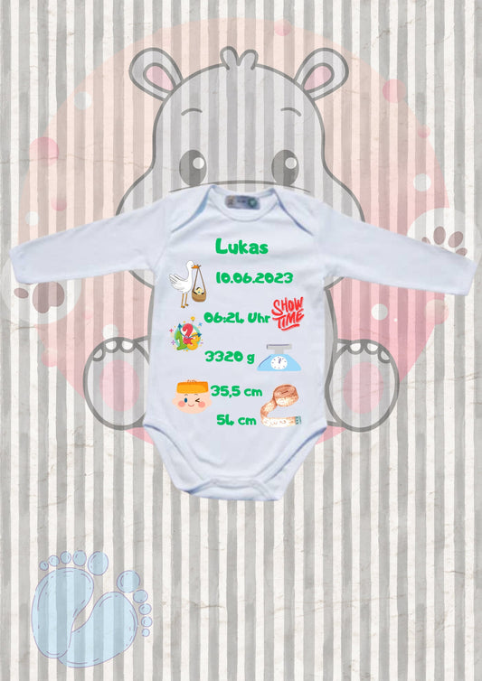 🎉 Baby Body Personalisierbar - Name, Geburtsdatum, Größe & Gewicht - Newborn Geschenk