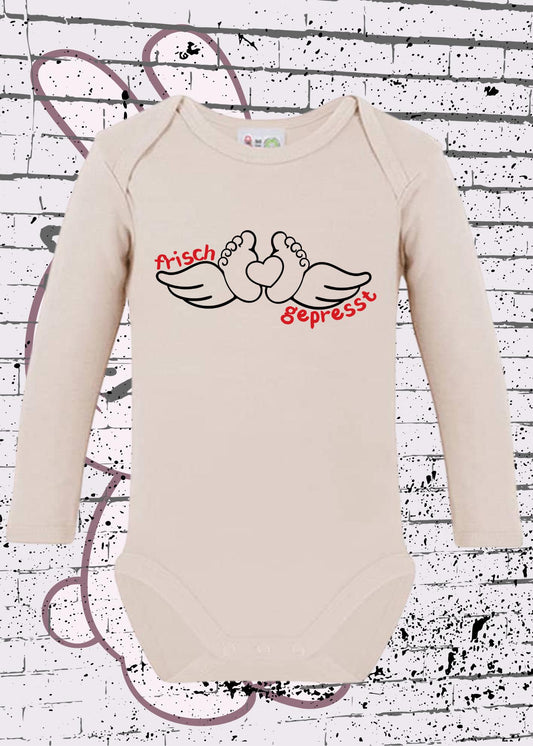 👶 Baby Body Langarm 'Frisch gepresst' - Lustiger Spruch Geschenk zur Geburt - Newborn Body