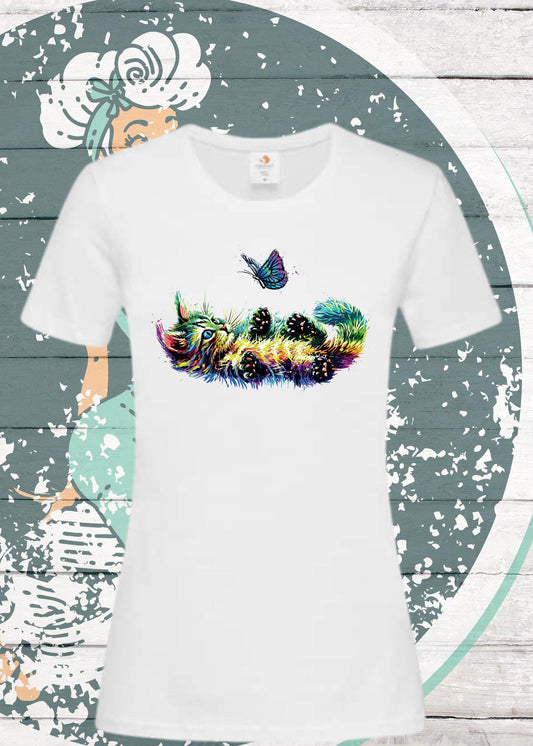 🐱 T-Shirt Katzenbaby mit Schmetterling bunt für Damen 🦋✨