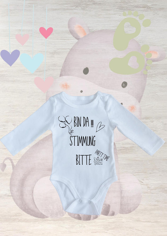 🎉 Baby Body Langarm 'Bin da - Stimmung bitte Party Time!' | Lustiger Spruch für kleine Partylöwen