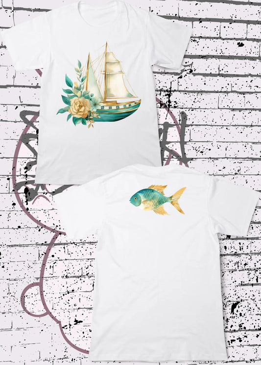 🚢 Kinder T-Shirt Boot & Fisch 🐟 - Süßes Design mit Blumen 🌸