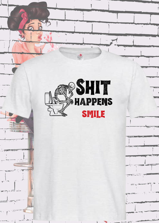 💀 T-Shirt 'Shit happens smile' - Skelett Design - Witziges Spruch T-Shirt Unisex - Geschenkidee