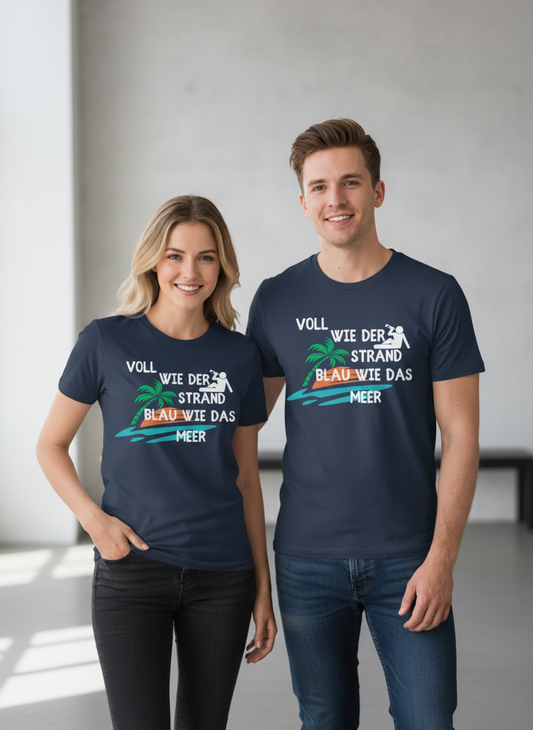 Lifestyle-Bild mit Frau und Mann im dunkelblauen Strand-T-Shirt