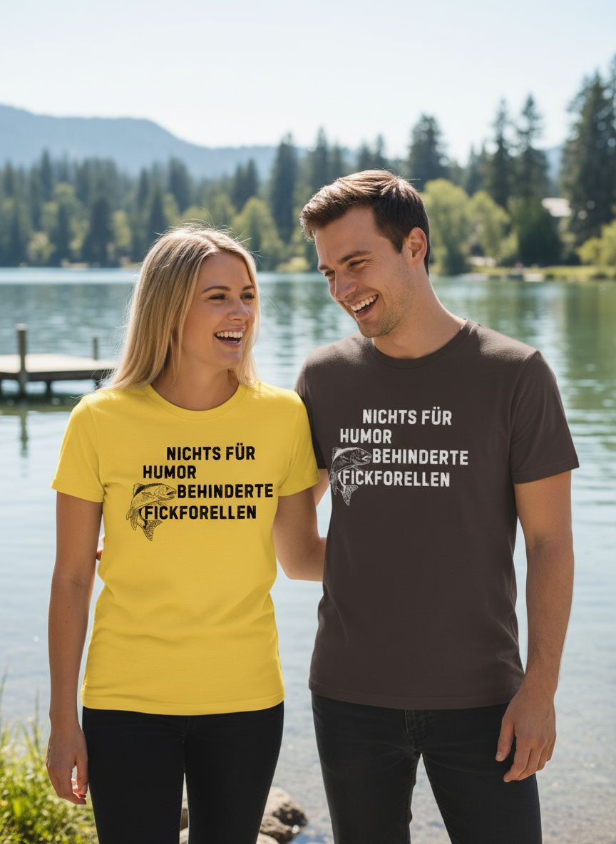 Lifestyle-Foto mit Frau und Mann in Forellen-T-Shirts