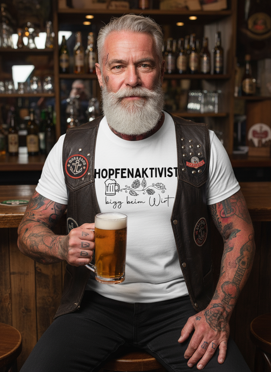 Älterer Rocker mit komplett sichtbarem Hopfenaktivist Motiv