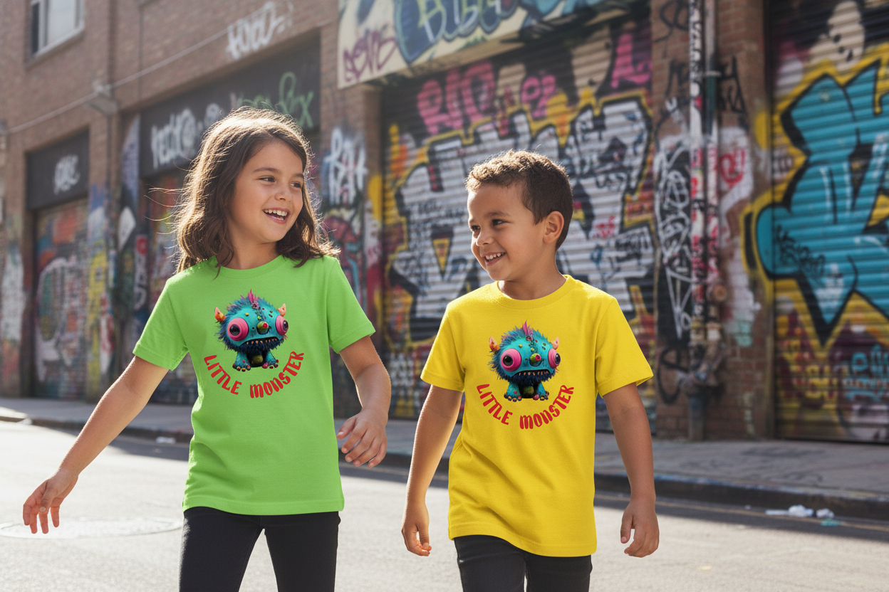 Mädchen und Junge in Little Monster T-Shirts