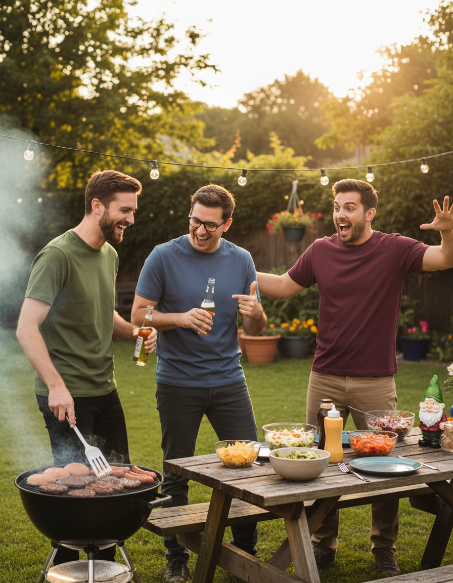Männer mit bunten T-Shirts bei witziger Grillparty