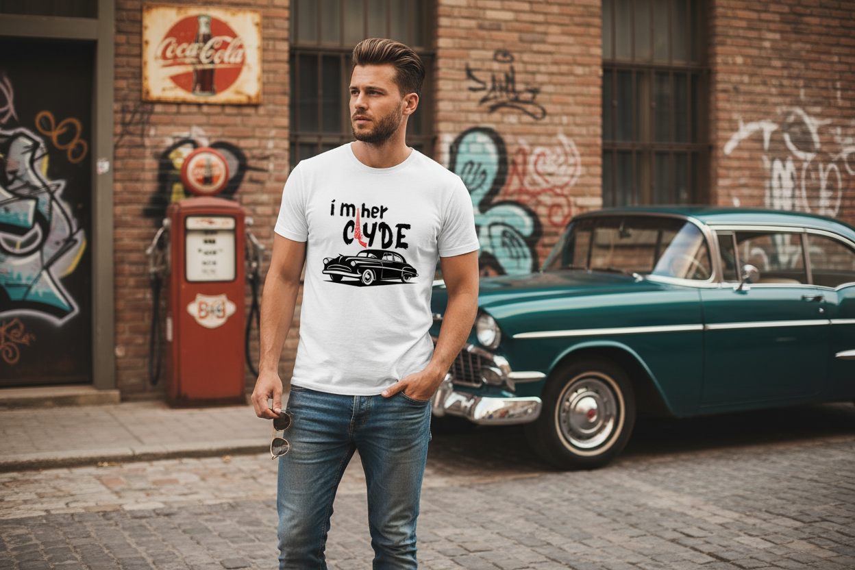 Mann mit I'm her Clyde T-Shirt