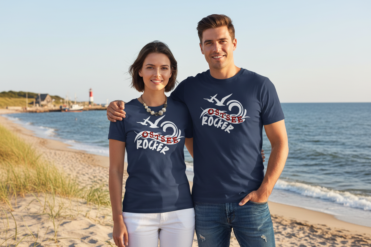 Mann und Frau im Ostsee-Rocker T-Shirt am Strand