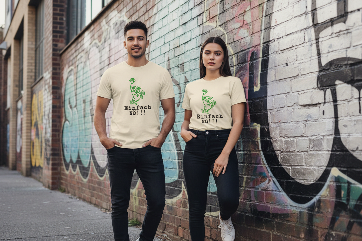 Mann und Frau in Einfach NÖ T-Shirts vor urbanem Hintergrund