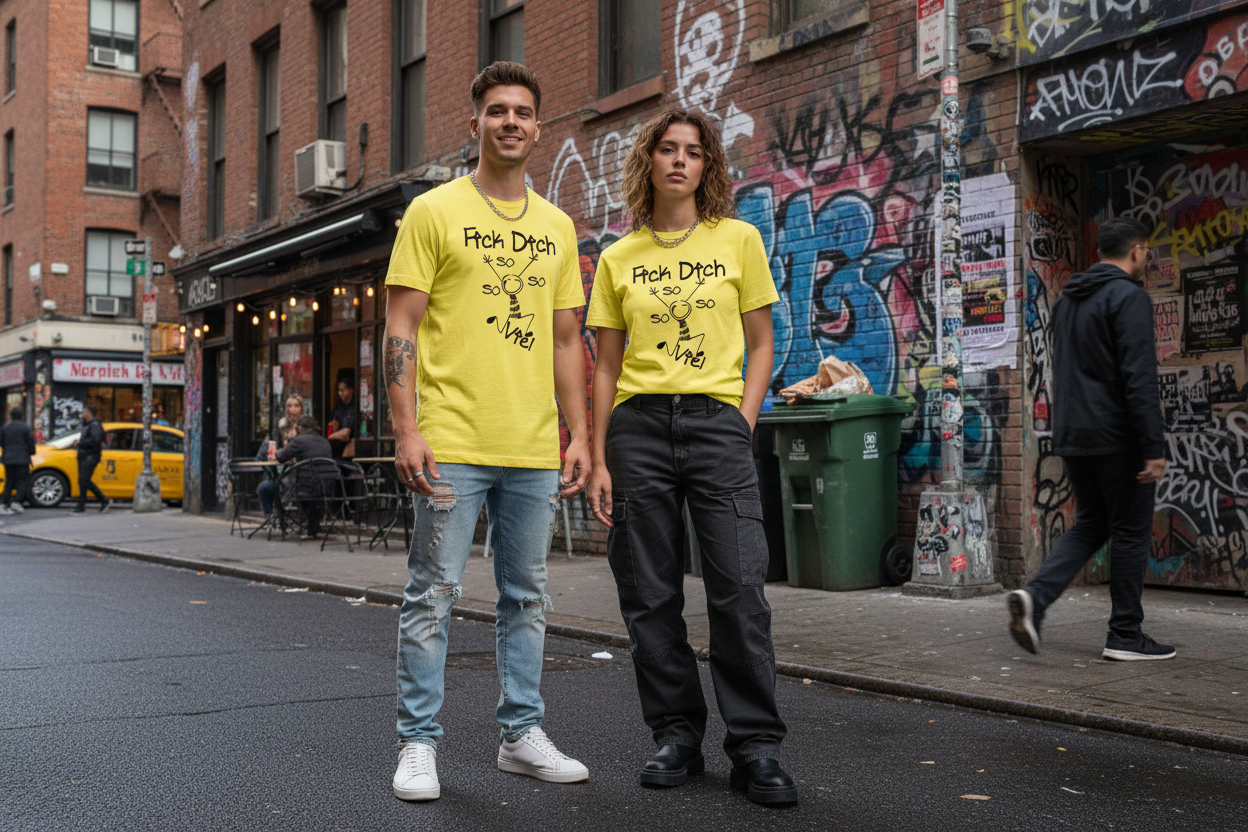 Mann und Frau in gelbem T-Shirt im Streetlife-Setting