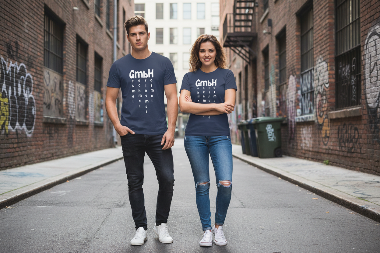 Mann und Frau in GmbH T-Shirts im Urban-Style