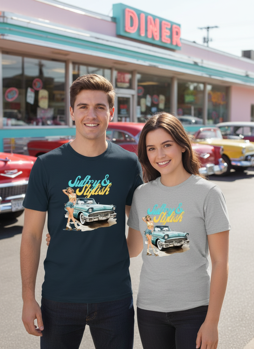 Mann und Frau in petrol und grauen Sultry & Stylish T-Shirts