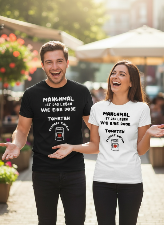 Mann und Frau in Tomaten-Dosen T-Shirts - angepasste Gestik
