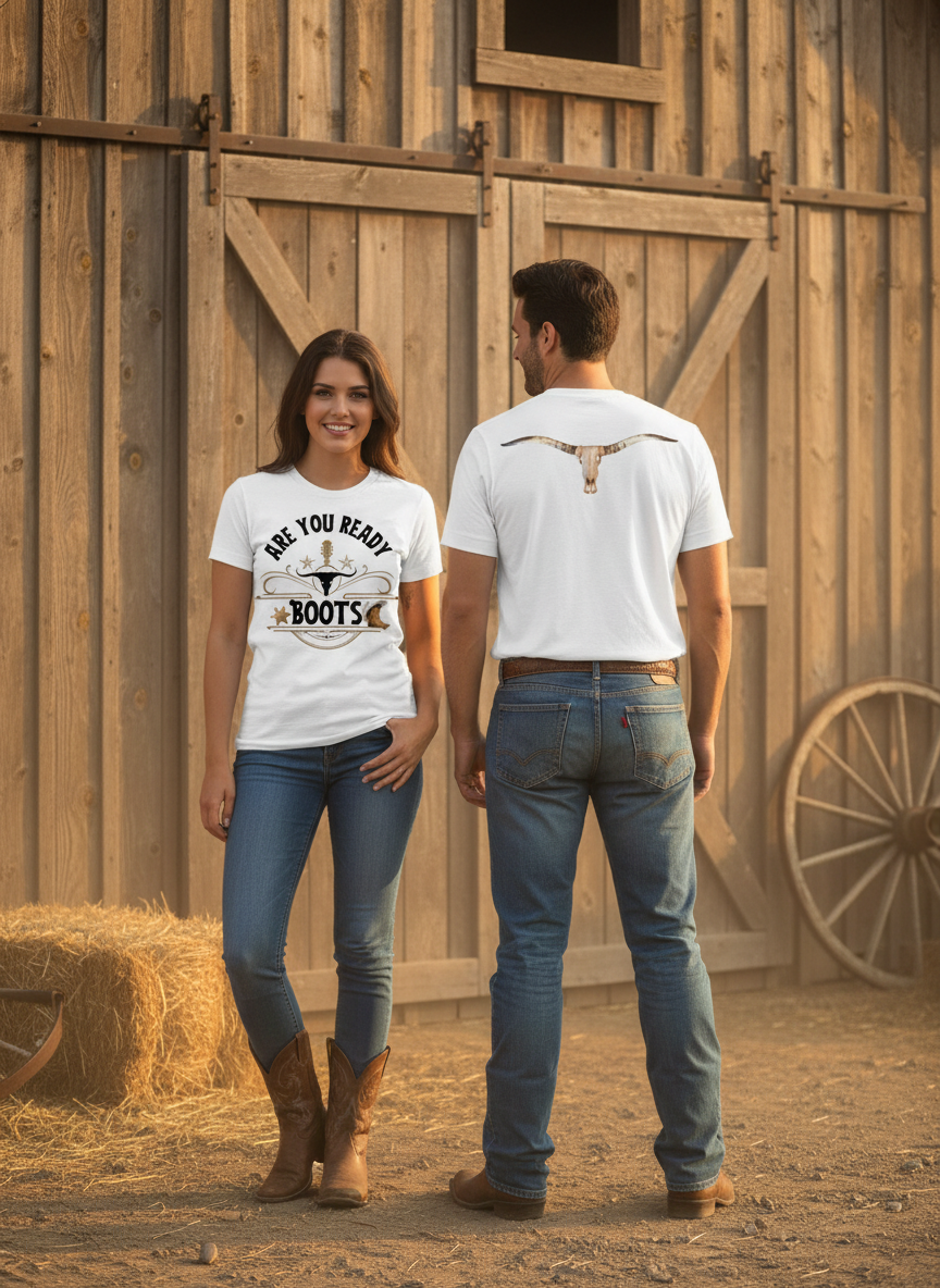 Mann und Frau mit Are You Ready Boots T-Shirt in Weiß
