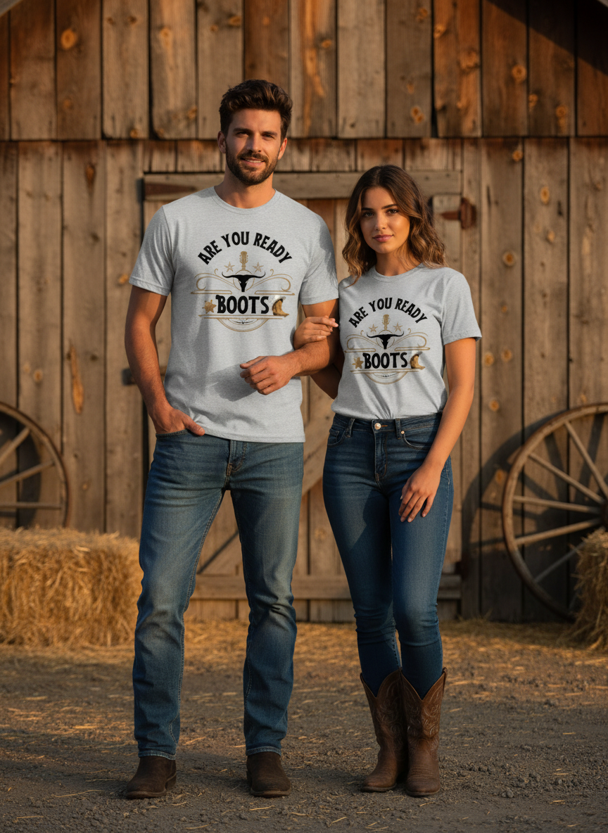 Mann und Frau mit Are You Ready Boots T-Shirt Vorderseite