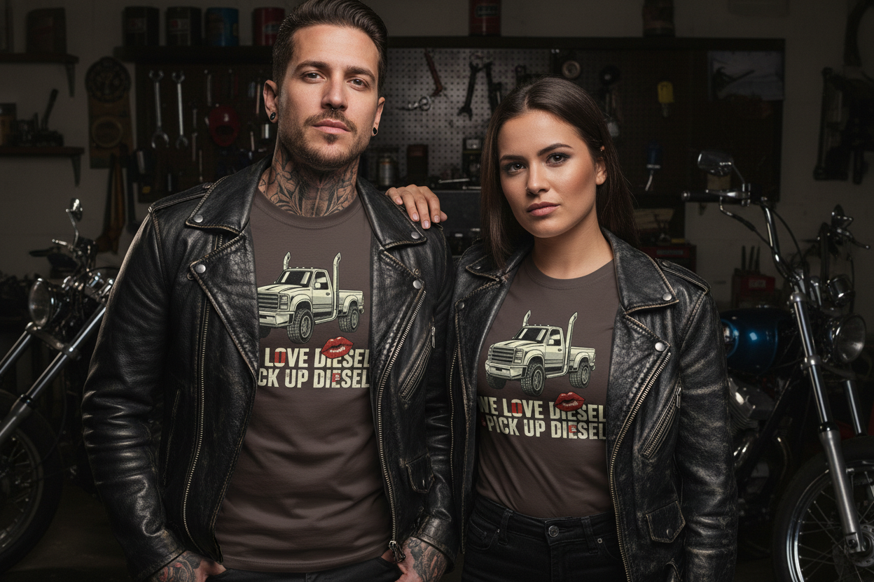Mann und Frau mit Diesel Pickup T-Shirt - Rocker Style