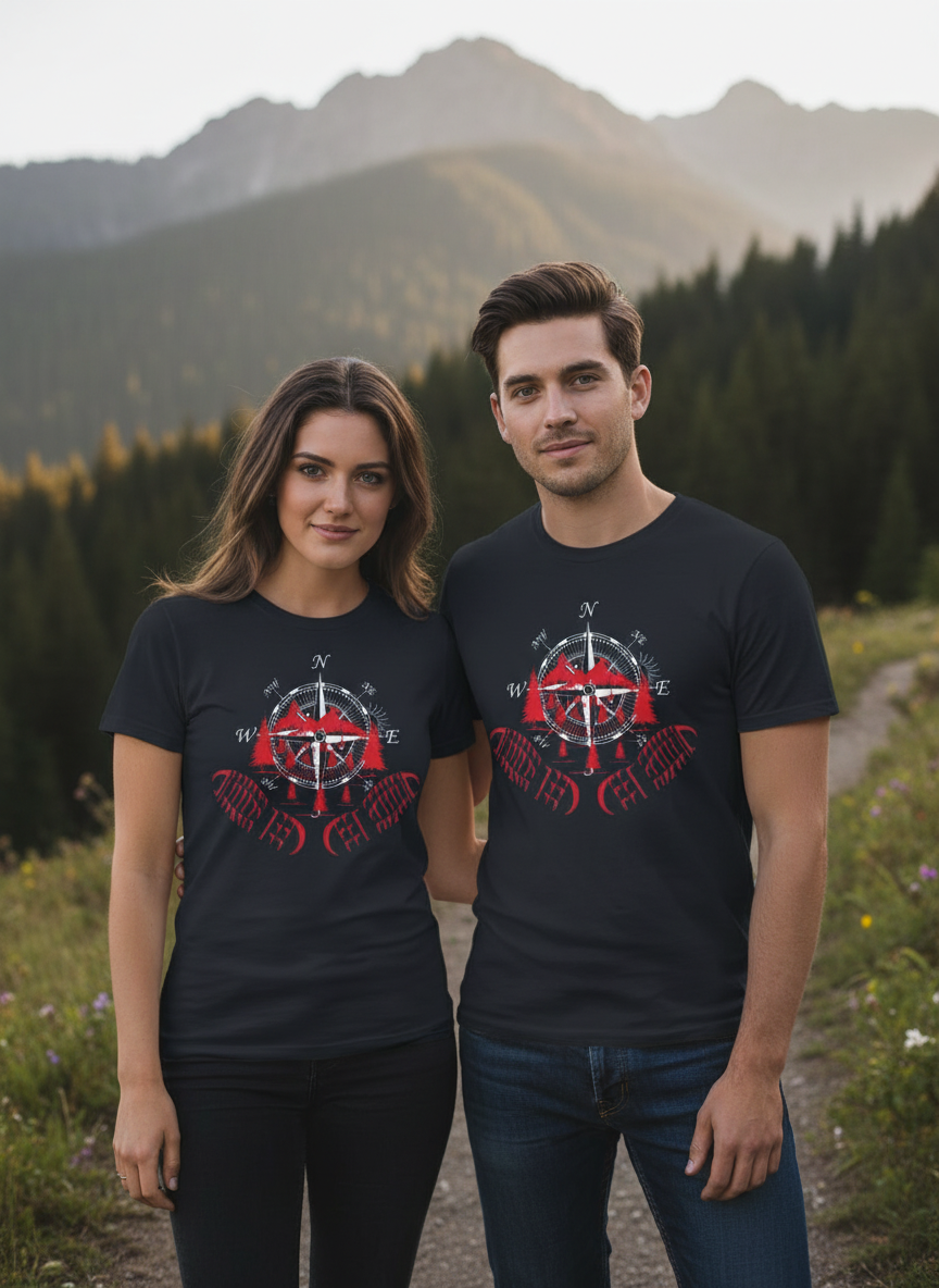 Mann und Frau mit dunkelblauen Kompass T-Shirts