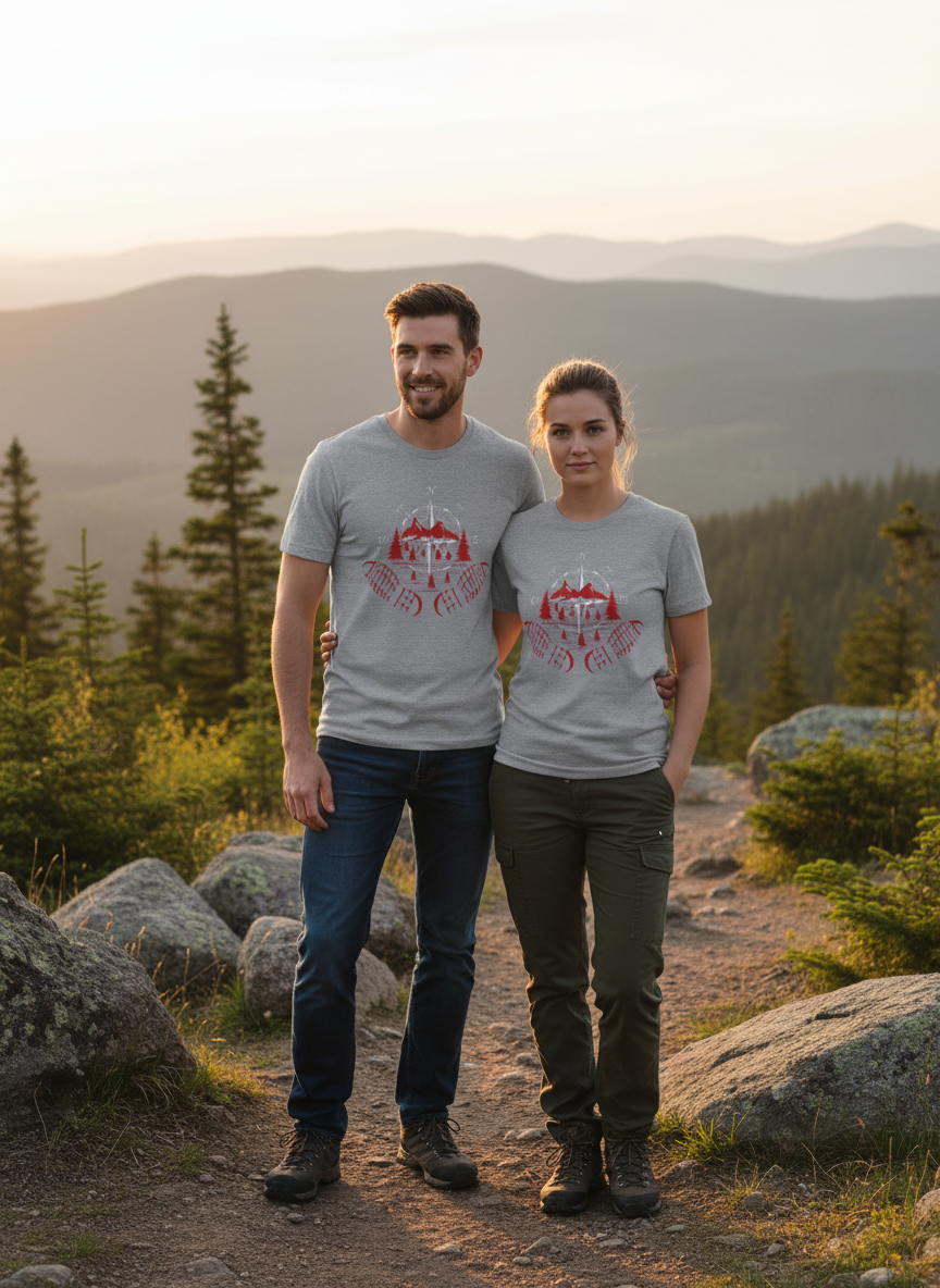 Mann und Frau mit grauen Kompass T-Shirts