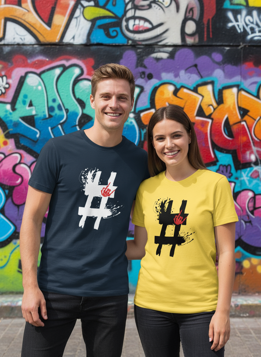 Mann und Frau mit Hashtag T-Shirt