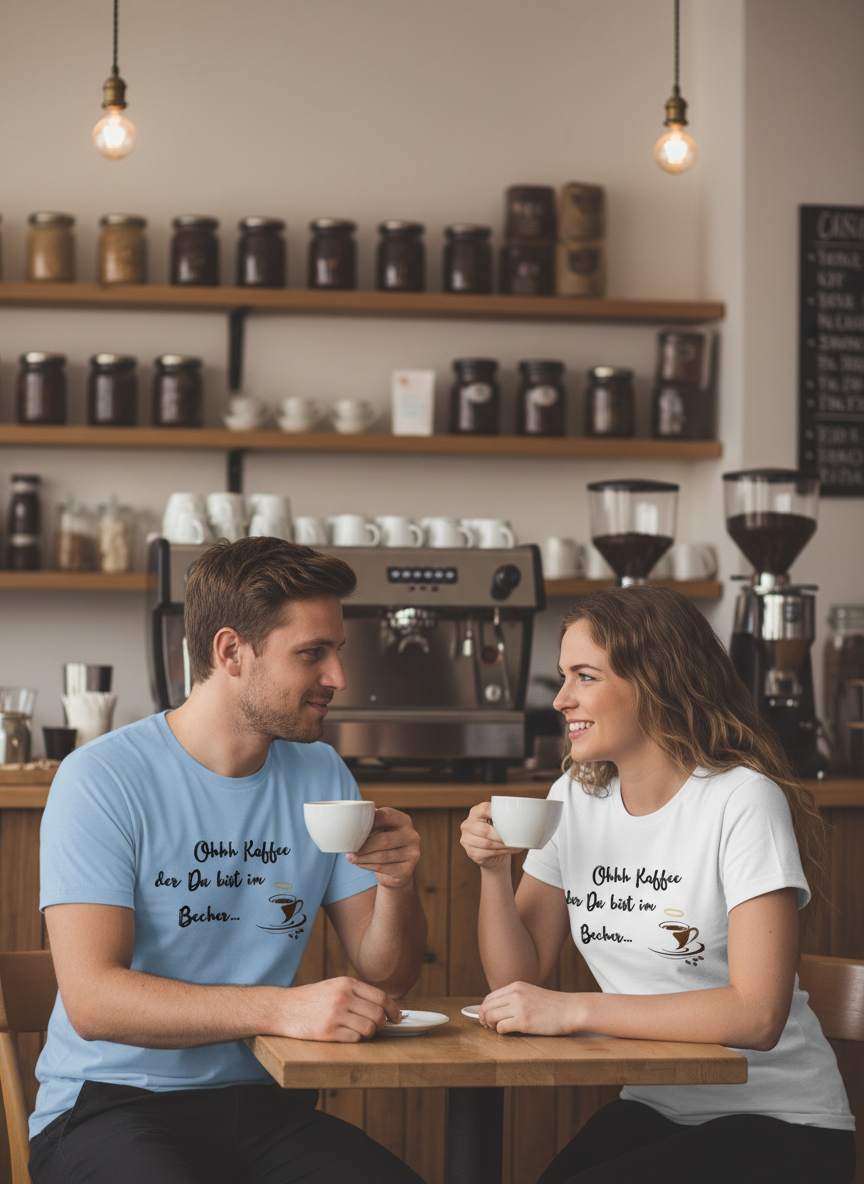 Mann und Frau mit Kaffee-T-Shirts
