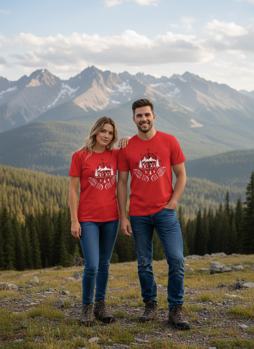 Mann und Frau mit roten Kompass T-Shirts
