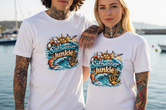 Mann und Frau mit Salzwasser-Junkie T-Shirt - Nahaufnahme