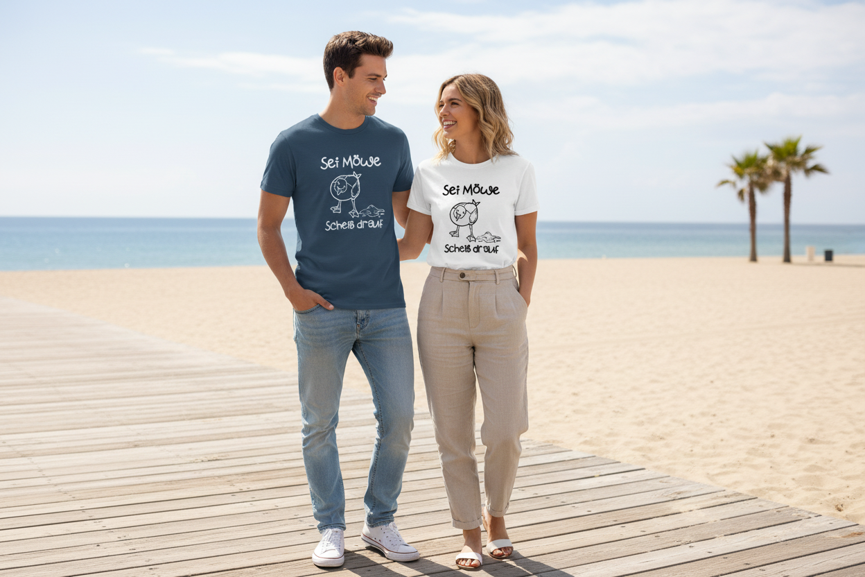 Mann und Frau mit "Sei Möwe Scheiß drauf" T-Shirts