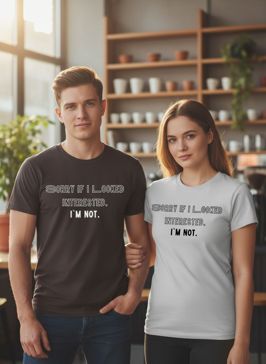 Mann und Frau mit "Sorry if I looked interested" T-Shirts