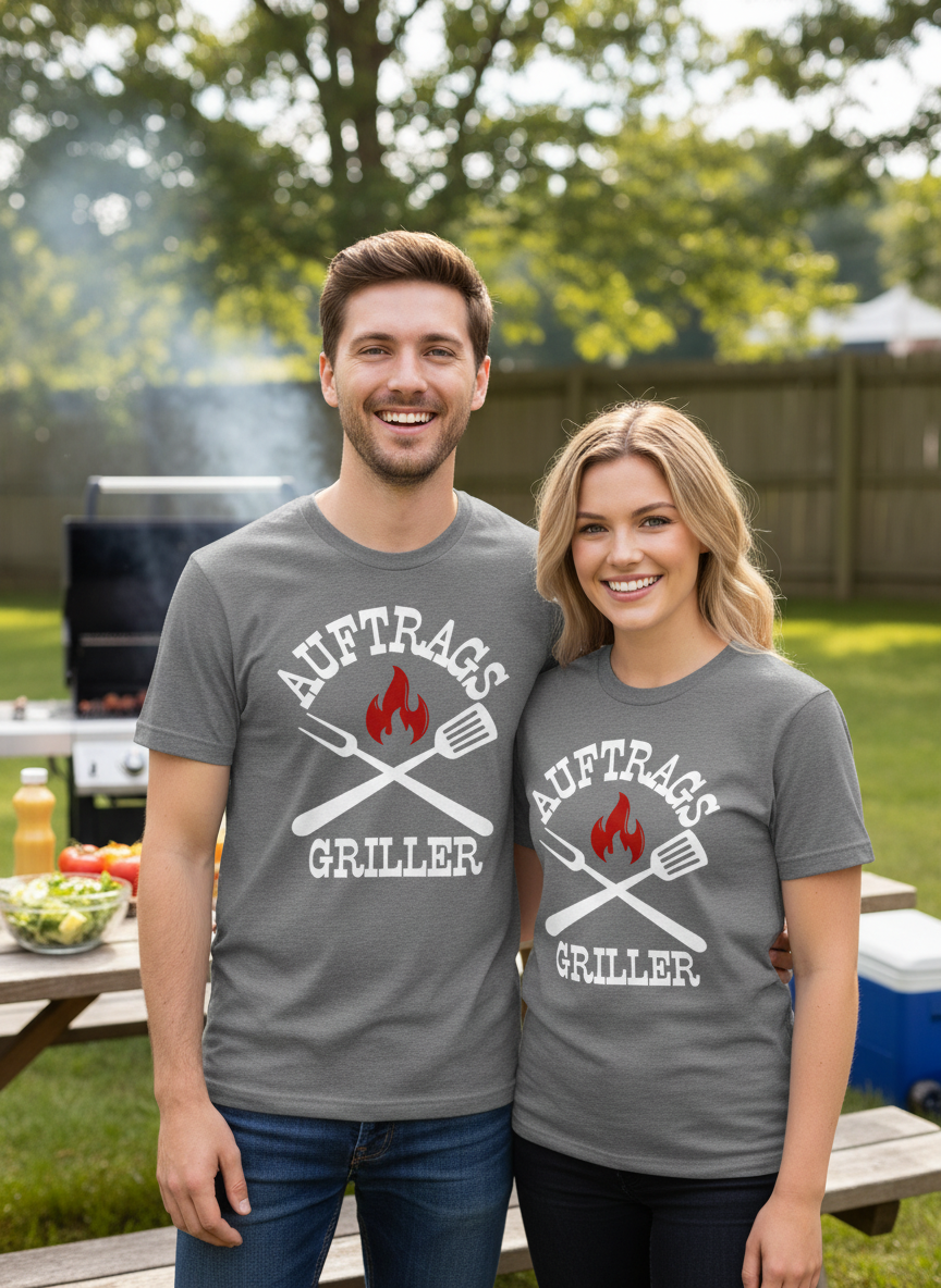 Mann und Frau tragen deine T-Shirts von vorne